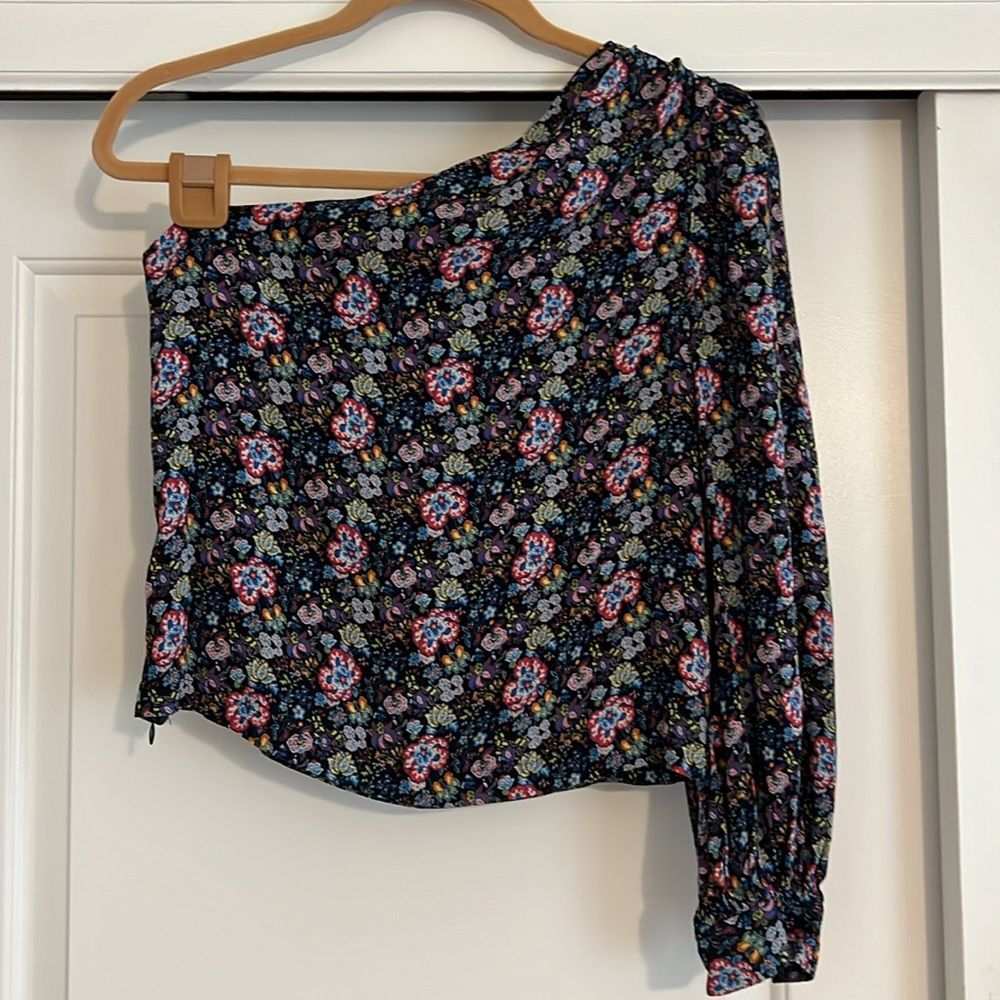Frame Denim Sz. S, Floral One Shoulder Top Blouse Puff Sleeve Coastal Blue Multi - Picture 6 of 13